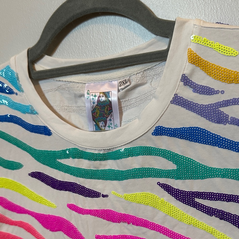 QUEEN OF SPARKLES Multicolor Sequin Zebra Stripe Tee.  Kids 2XL - Picture 2 of 3